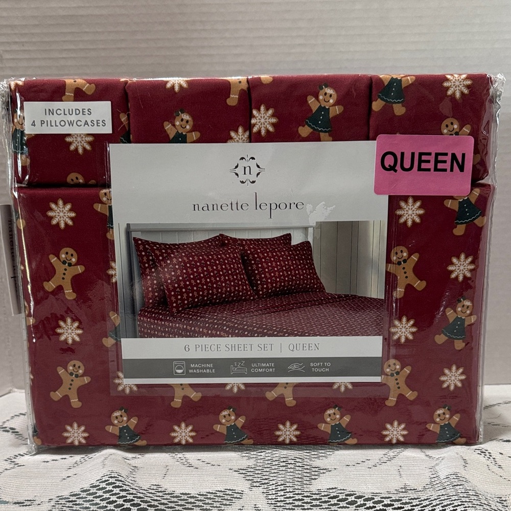 Nanette Lepore Queen Sheet Set Red Holiday Gingerbread Girl, Man & Snowflakes